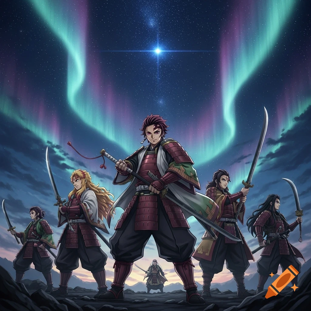 Group of anime warriors in armor, holding swords, standing under a vibrant green and purple aurora borealis night sky.