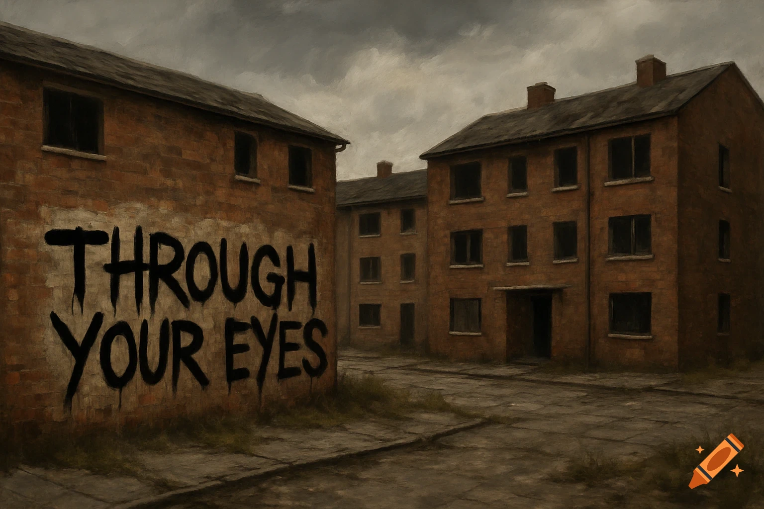 A dreary red brick council estate with "THROUGH YOUR EYES" graffitied on a wall, under a dark, cloudy sky.