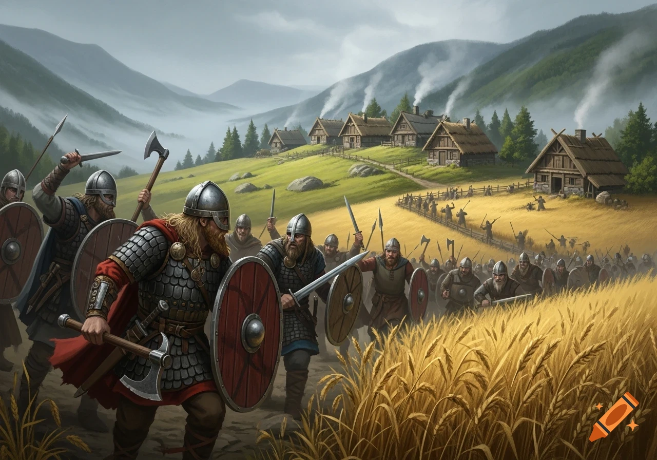 A large group of armored Vikings with axes and shields runs through a golden field towards a small village nestled in misty hills.