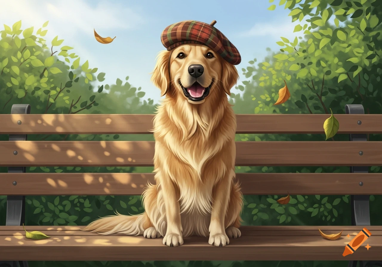 A smiling golden retriever in a plaid beret sits on a park bench with ...