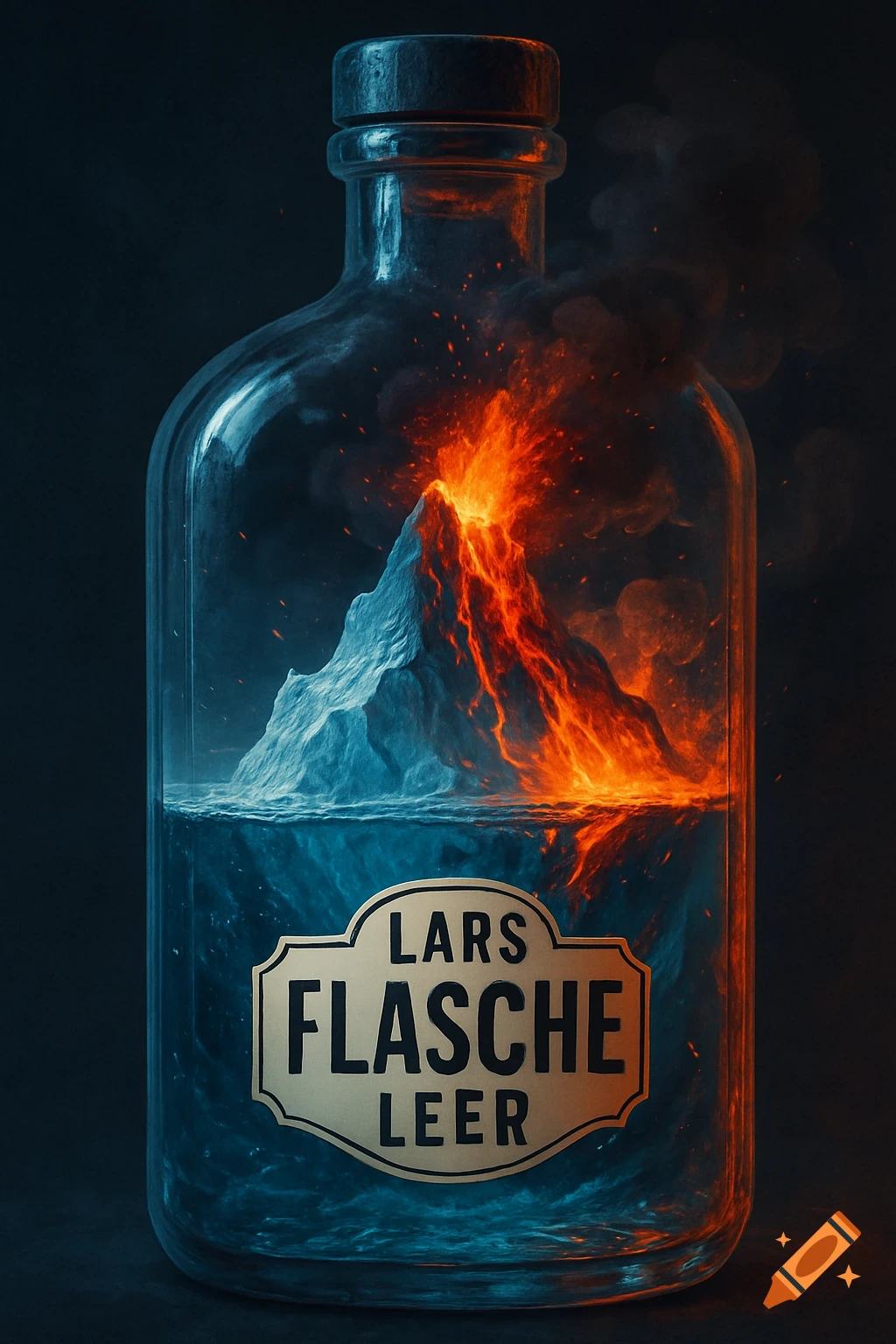 A clear glass bottle contains an iceberg with erupting lava, floating in blue water, with a label reading 'LARS FLASCHE LEER'.