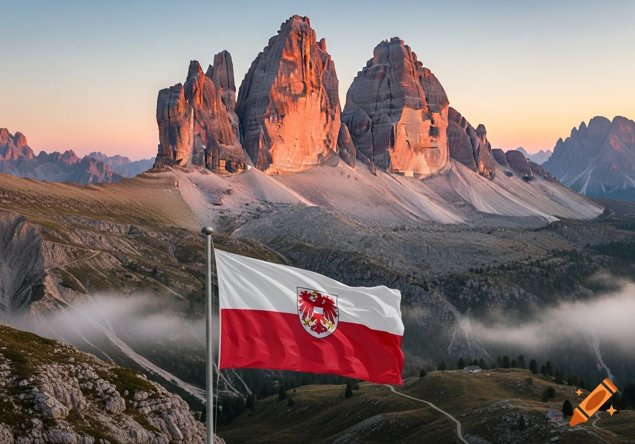 The South Tyrolean flag waves in front of the illuminated Tre Cime di Lavaredo mountains at sunset.