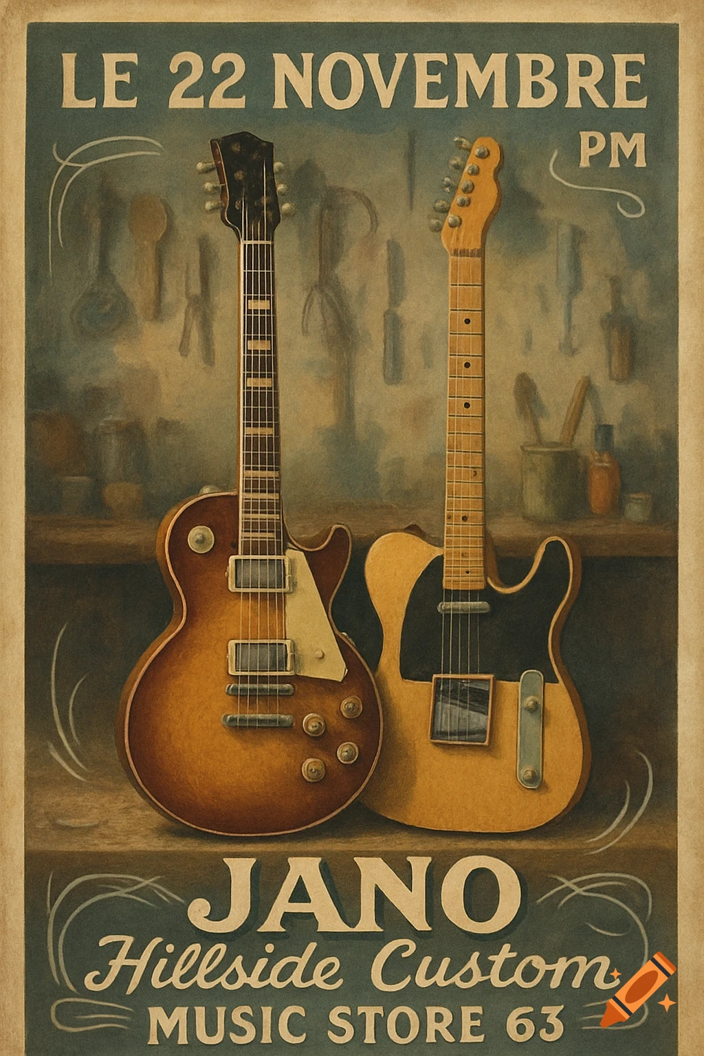 Vintage-style poster showcasing a Les Paul and a Telecaster electric guitar in a luthier's workshop, with event details.