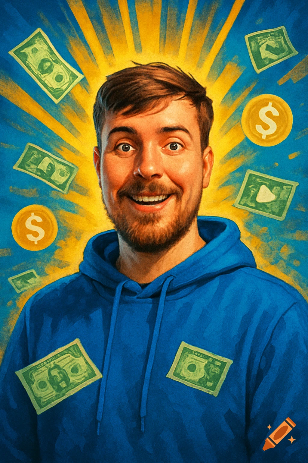 Stylized portrait of MrBeast in a blue hoodie, surrounded by glowing yellow light, floating dollar bills, and gold coins with dollar and play button symbols.