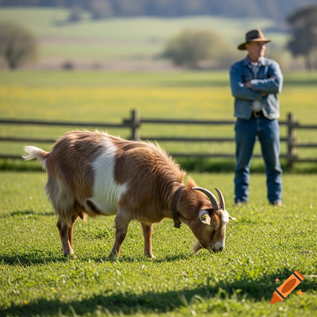A brown and white goat grazes in a green field with a farmer in a hat watching in the background, photorealistic style.