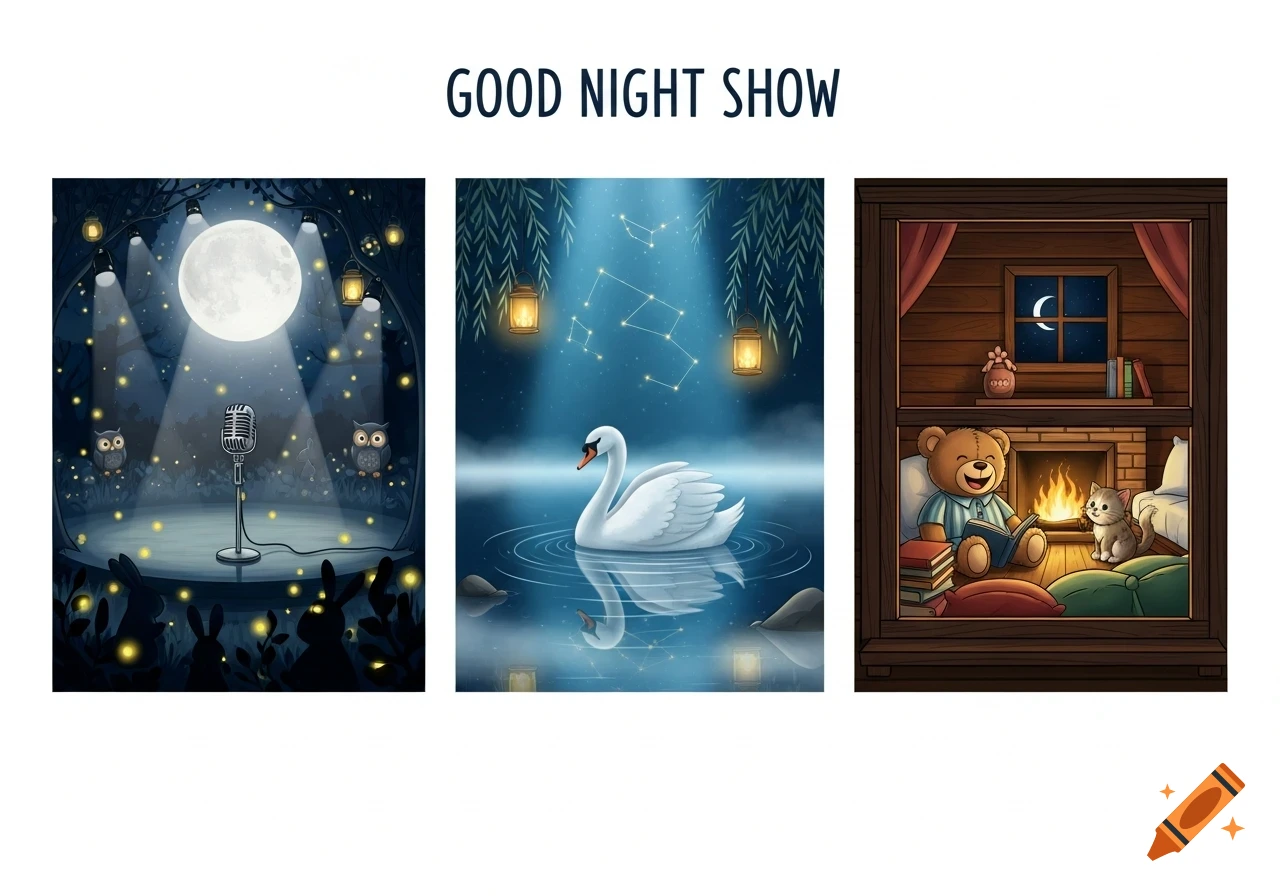 Three cartoon illustrations: a moonlit forest stage, a swan on water, and a teddy bear with a cat by a fireplace, labeled 'GOOD NIGHT SHOW'.