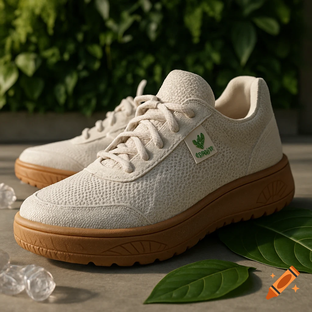 A pair of white textured sneakers with brown soles on a concrete floor, surrounded by green leaves and a living wall.