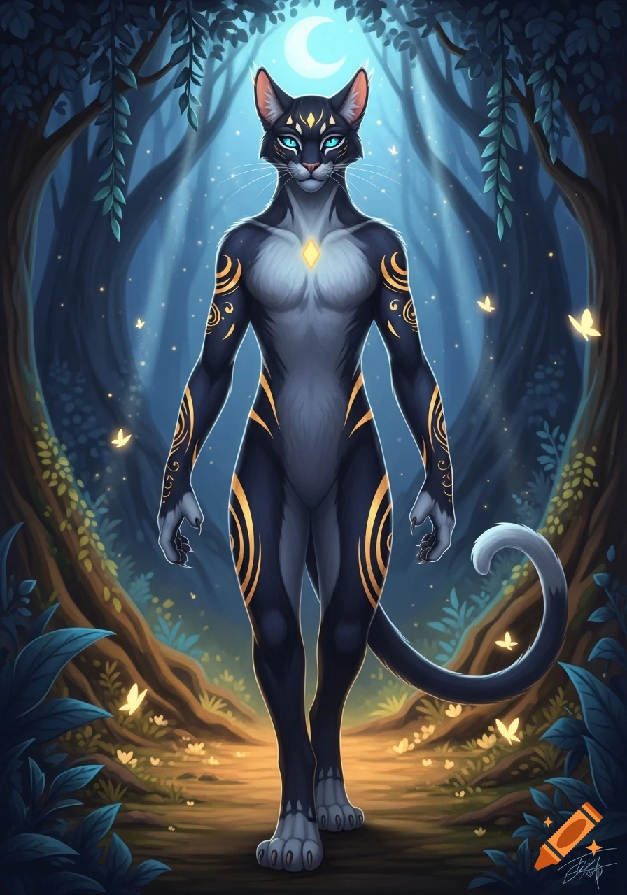 A muscular anthropomorphic black cat with golden tribal markings and glowing blue eyes stands in a magical blue forest under a crescent moon, with glowing butterflies.