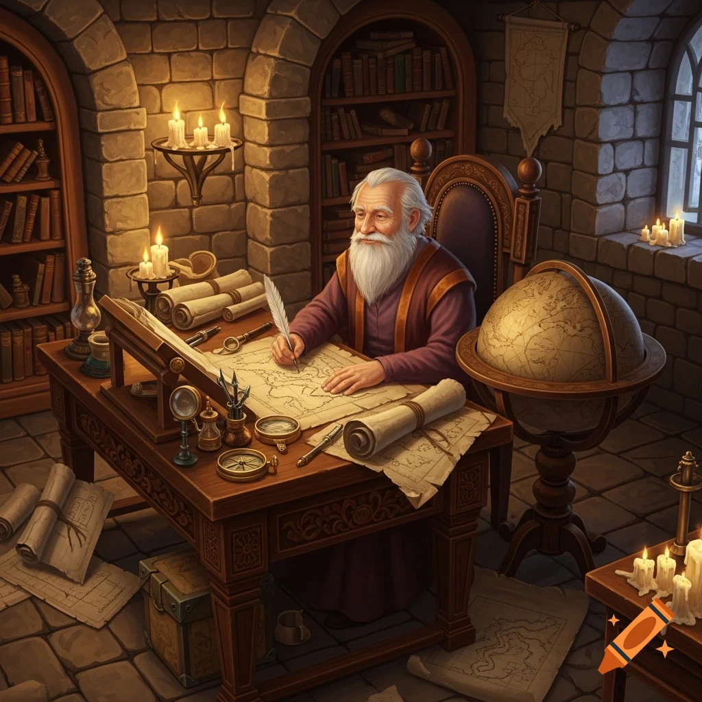 An old cartographer with a white beard works on maps at a wooden desk in a candlelit stone study, surrounded by books and a globe.