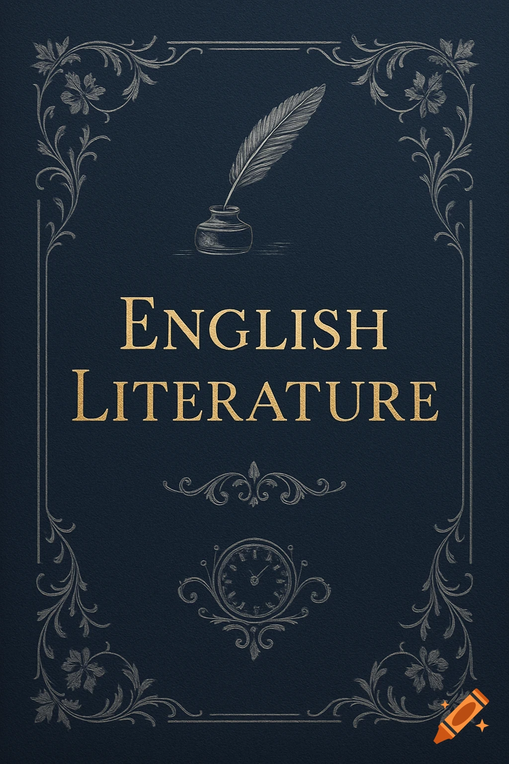 A vintage-style book cover with 'ENGLISH LITERATURE' in gold text, a quill, inkwell, and decorative silver filigree on a dark blue background.