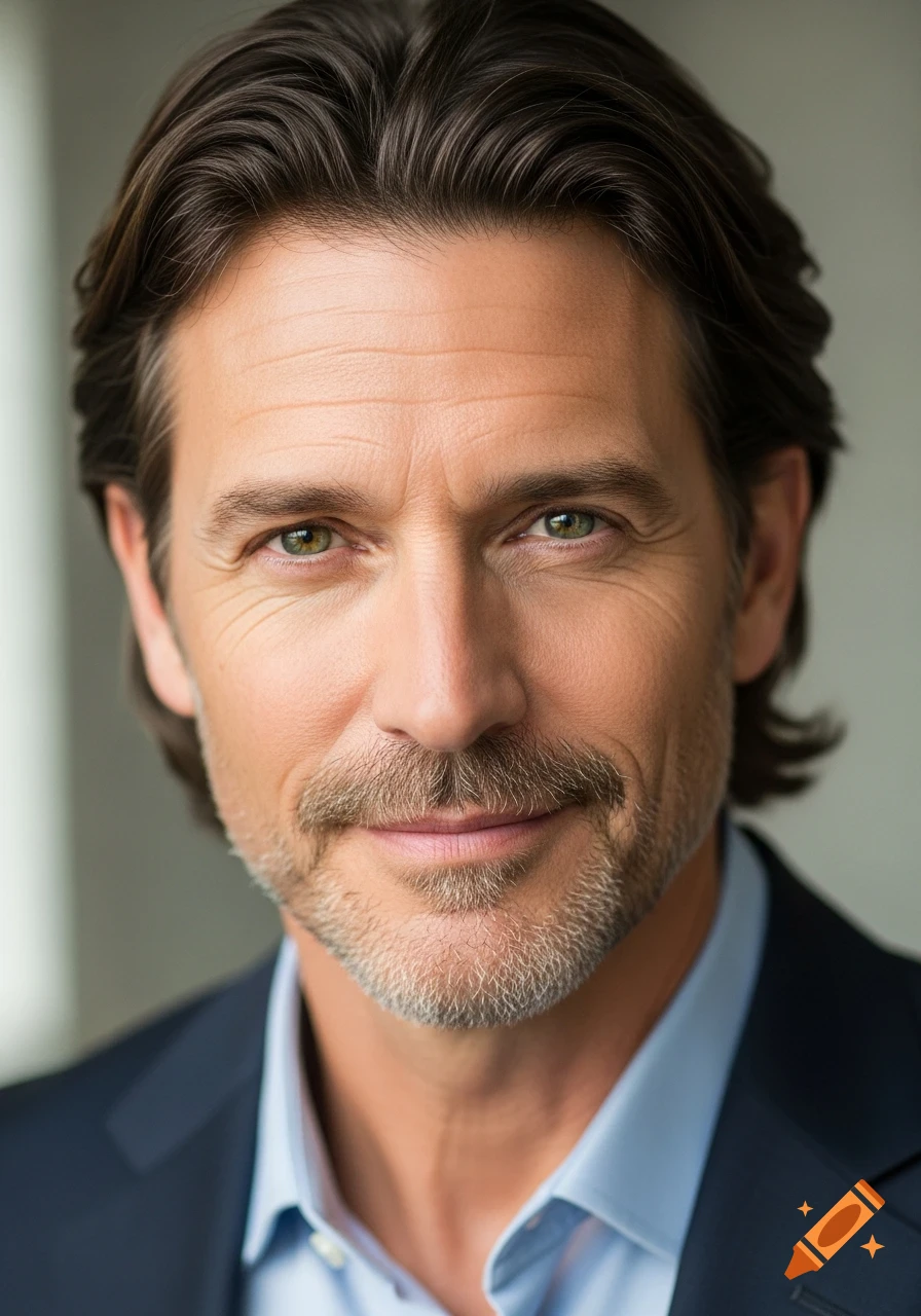 Photorealistic portrait of a middle-aged man with dark brown hair, green eyes, a mustache, and a beard, wearing a blue shirt and suit jacket.
