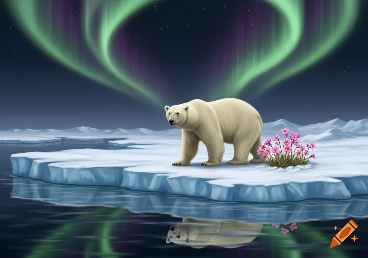A polar bear stands on an ice floe with pink flowers under green and purple northern lights reflecting in the dark water.