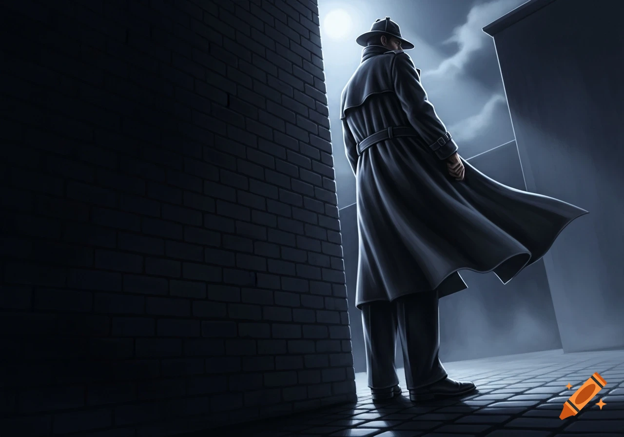 An illustrated man in a fedora and trench coat stands with his back to the viewer in a dark, moonlit alley, next to a brick wall.