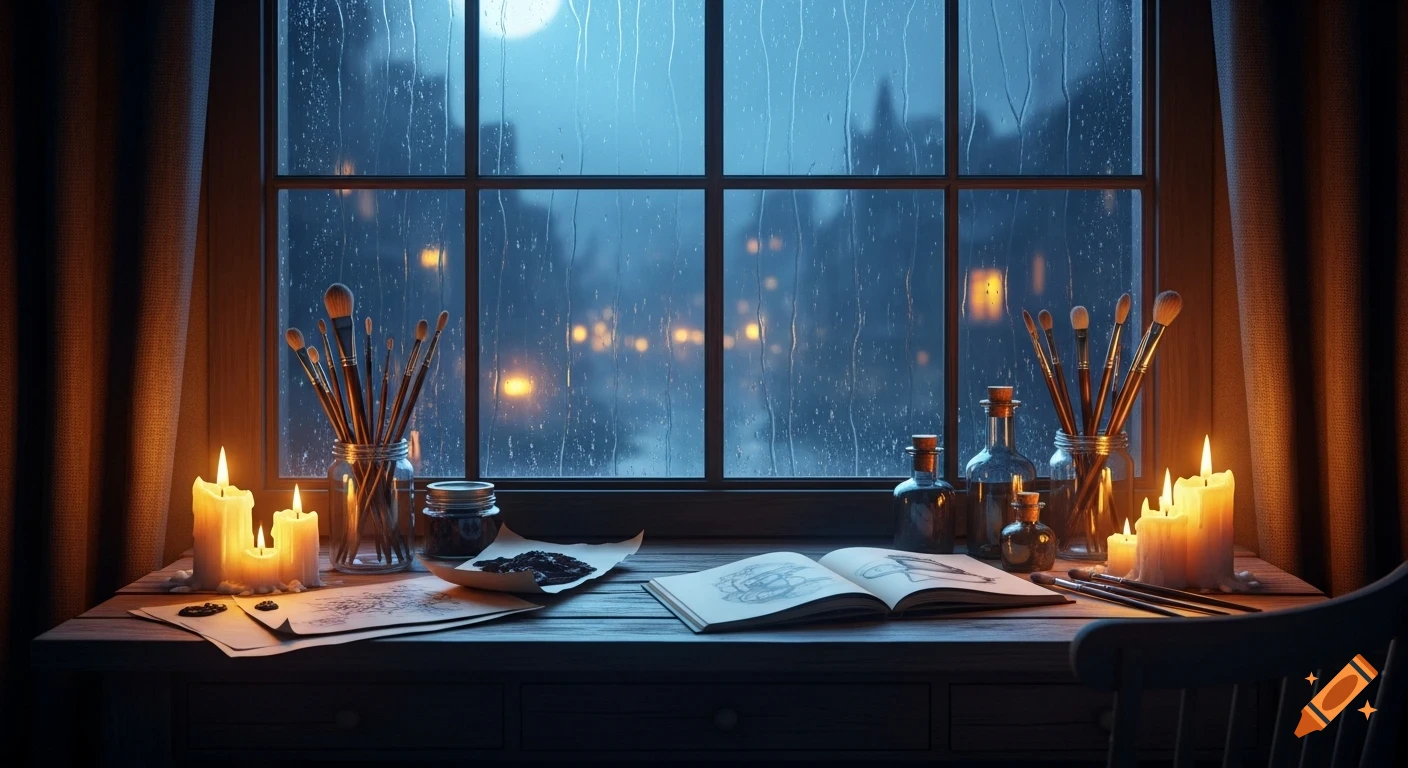 A hyper-realistic scene of a cozy art studio desk by a rain-streaked window at night, illuminated by warm candlelight on paintbrushes, an open sketchbook, and scattered papers.