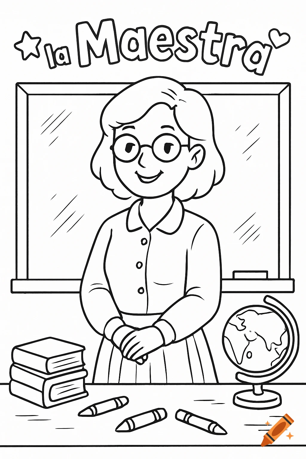 Black and white line art coloring page of a smiling female teacher in a classroom, with books, crayons, a globe, and the text 'La Maestra' above.