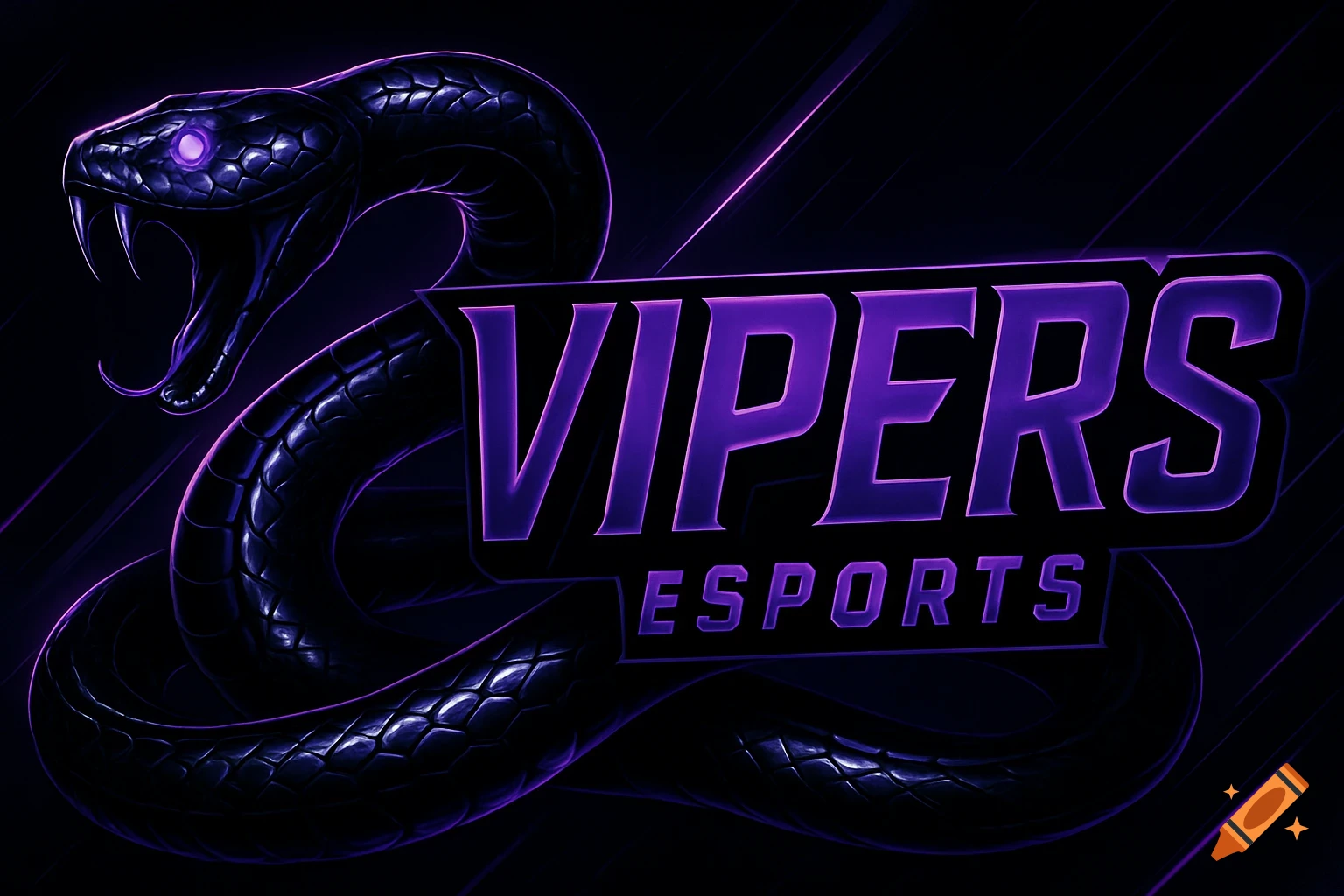A dark stylized viper snake with glowing purple eyes coils around the neon purple text 'VIPERS ESPORTS' on a black background.