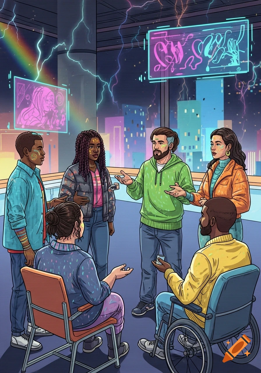 A diverse group of six people having a discussion in a futuristic cityscape, with neon colors, lightning, and a glitch effect.