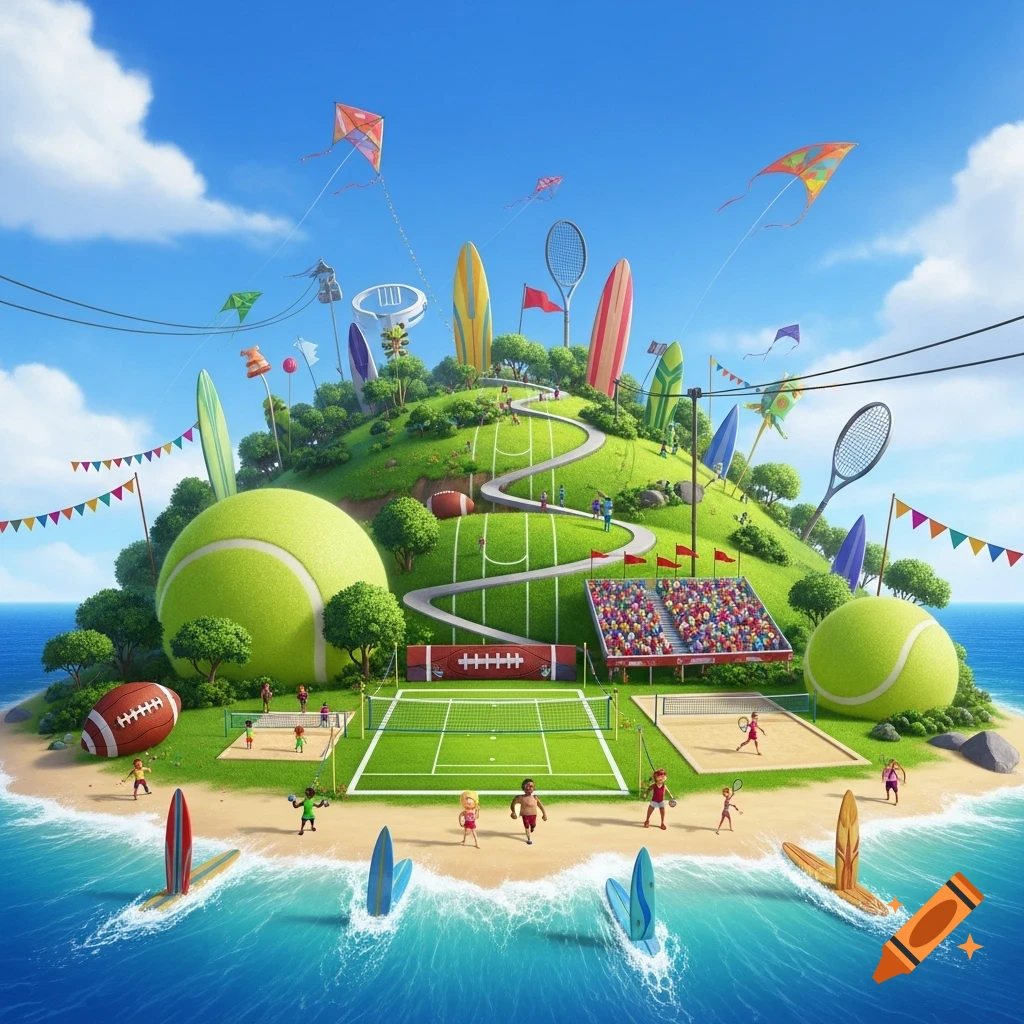 A vibrant, cartoonish island with people playing various sports like tennis, volleyball, and surfing, amidst giant sports equipment.