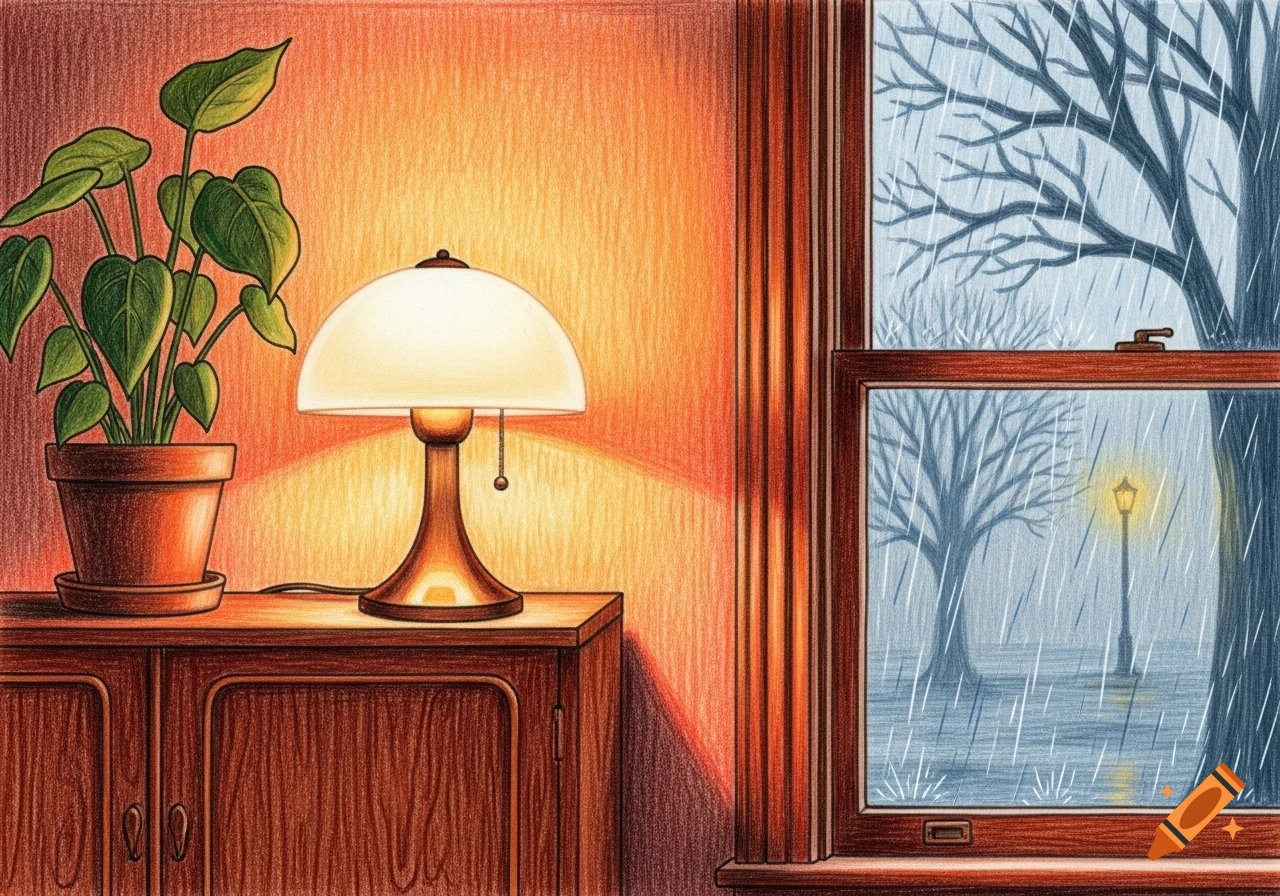 Colored pencil illustration of a lamp and plant in a warm interior, contrasting with a cold, rainy outdoor scene seen through a window.