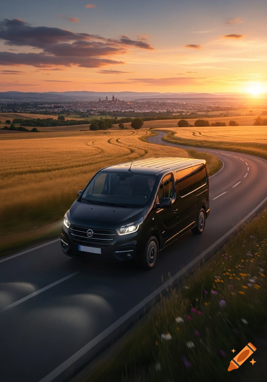 A black van drives on a winding road through golden fields towards a ...