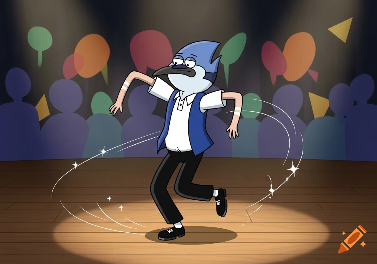 Mordecai from Regular Show tap dancing in a spotlight on a wooden stage with a crowd in the background.
