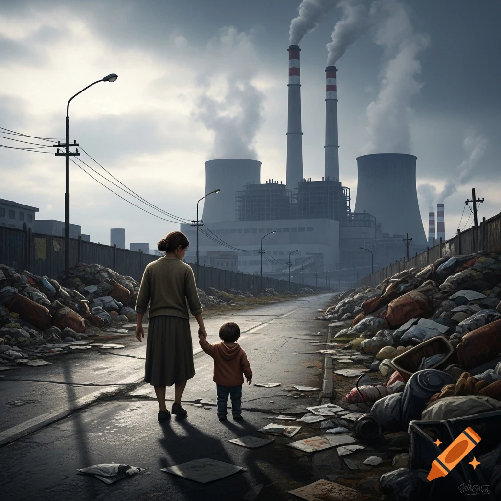Photorealistic image of a woman and child walking on a trash-strewn road towards a smoking power plant under a cloudy sky.