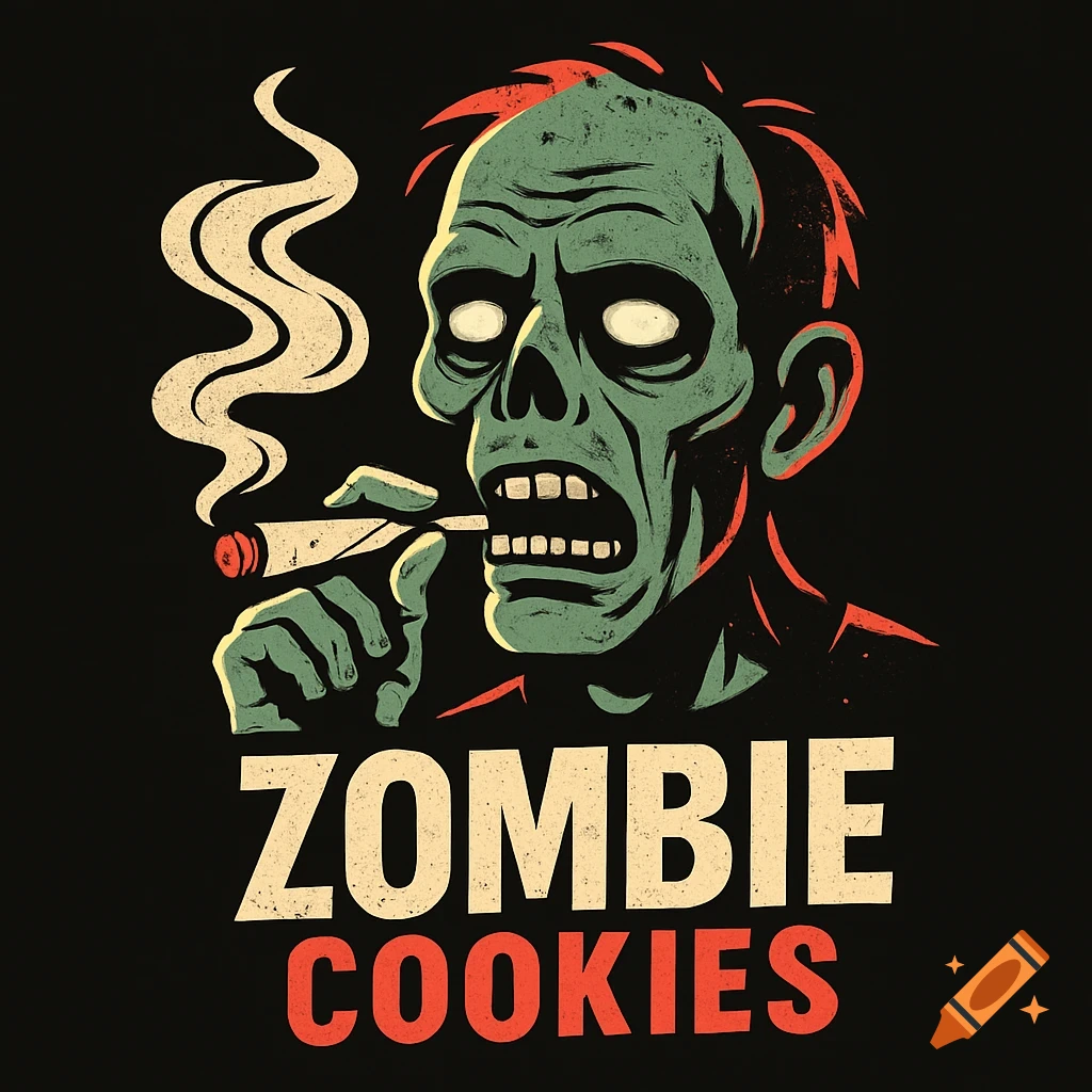 Stylized illustration of a green zombie with red hair smoking a joint, with the text ZOMBIE COOKIES below.