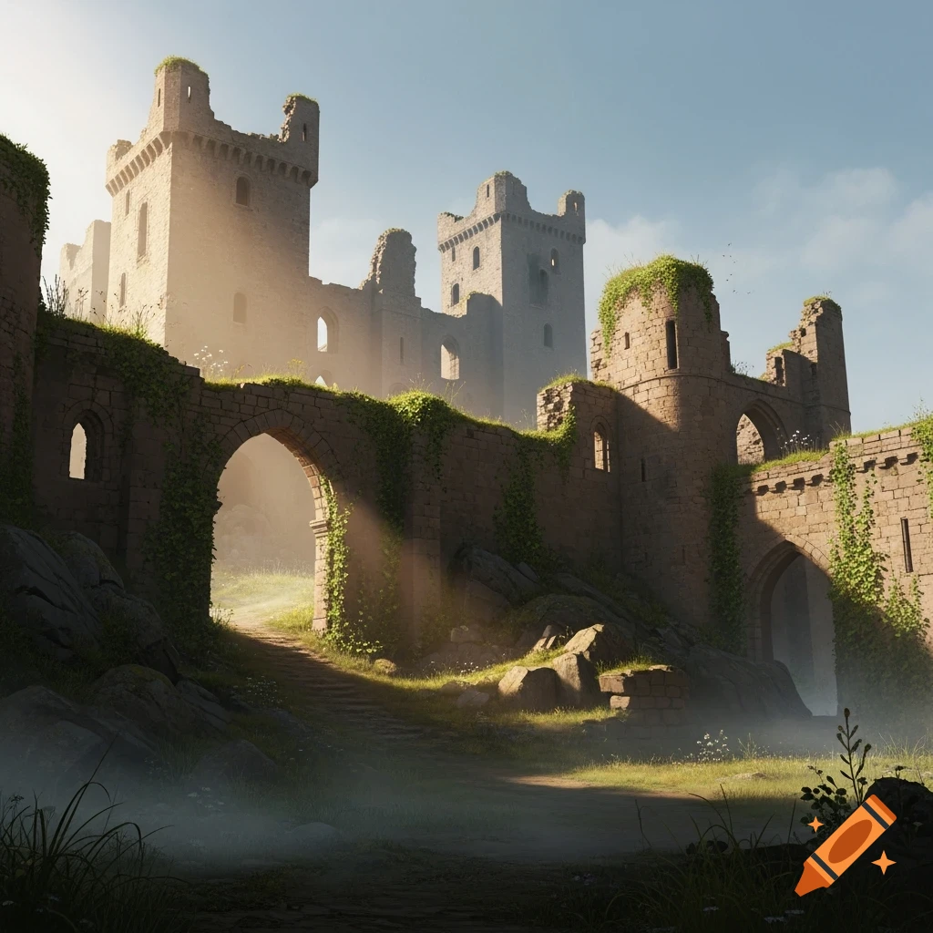 A majestic, ancient ruined castle, covered in green ivy, bathed in soft sunlight and mist, with a pathway leading through an arched entrance.