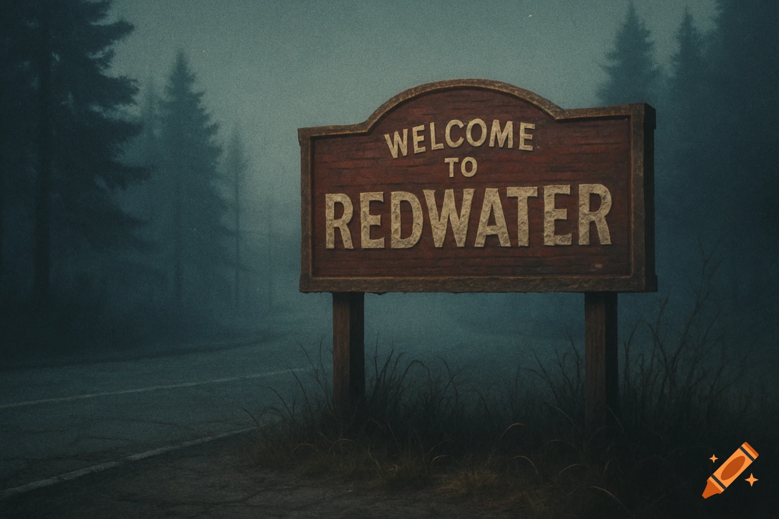 A weathered 'Welcome to RedWater' sign stands by a foggy road with pine trees, in an eerie, analog horror style.