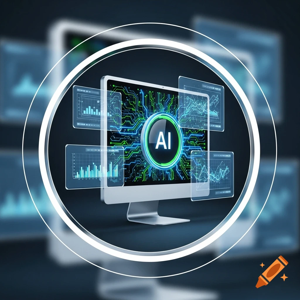 A glowing 'AI' symbol on a monitor screen with circuit board patterns and data graphs, framed by a white circle, against a tech background.