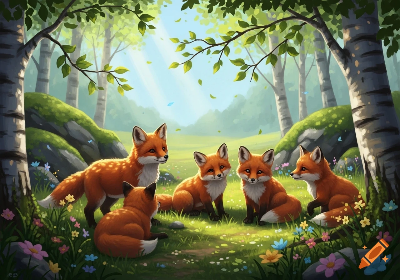 Five adorable red foxes sit in a sun-dappled forest clearing surrounded by green hills, tall trees, and colorful wildflowers.