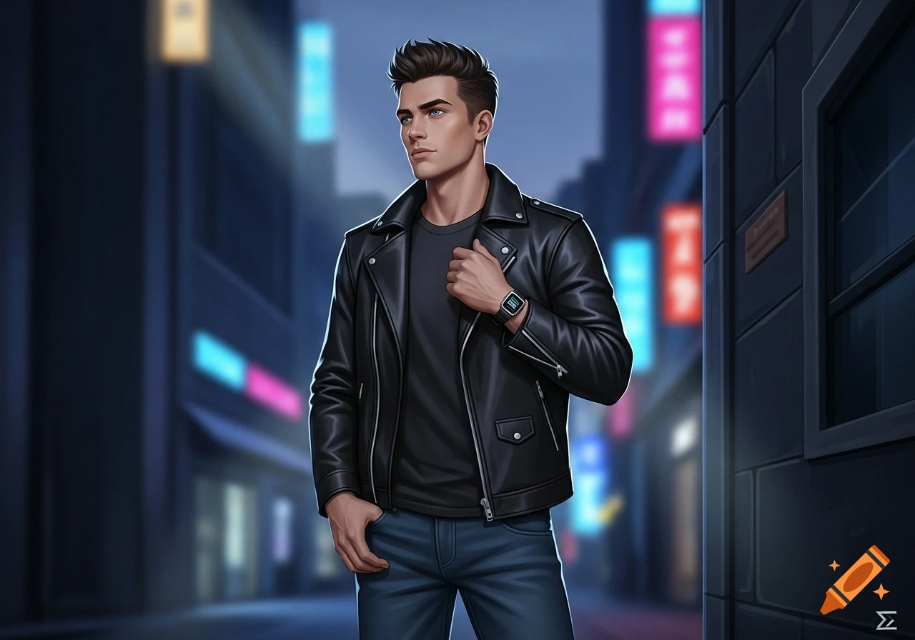 Stylized digital art of a man in a black leather jacket and jeans standing on a city street at night with blurred neon lights.