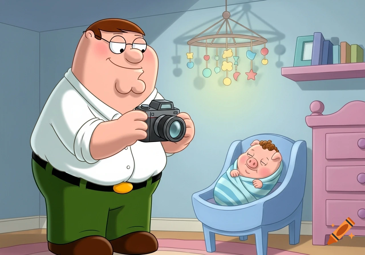 Cartoon Peter Griffin smiles while holding a camera to photograph a sleeping baby pig in a blue crib in a nursery.