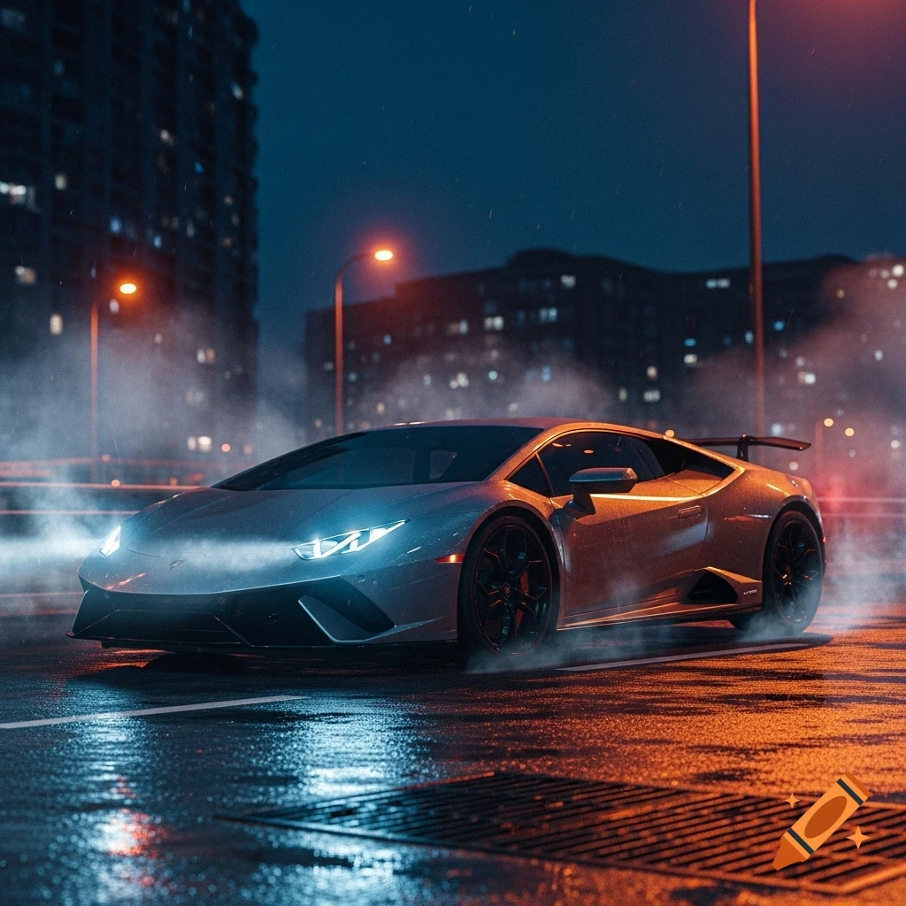 Silver Lamborghini Huracan on a wet city street at night, illuminated by streetlights and its own headlights through mist.