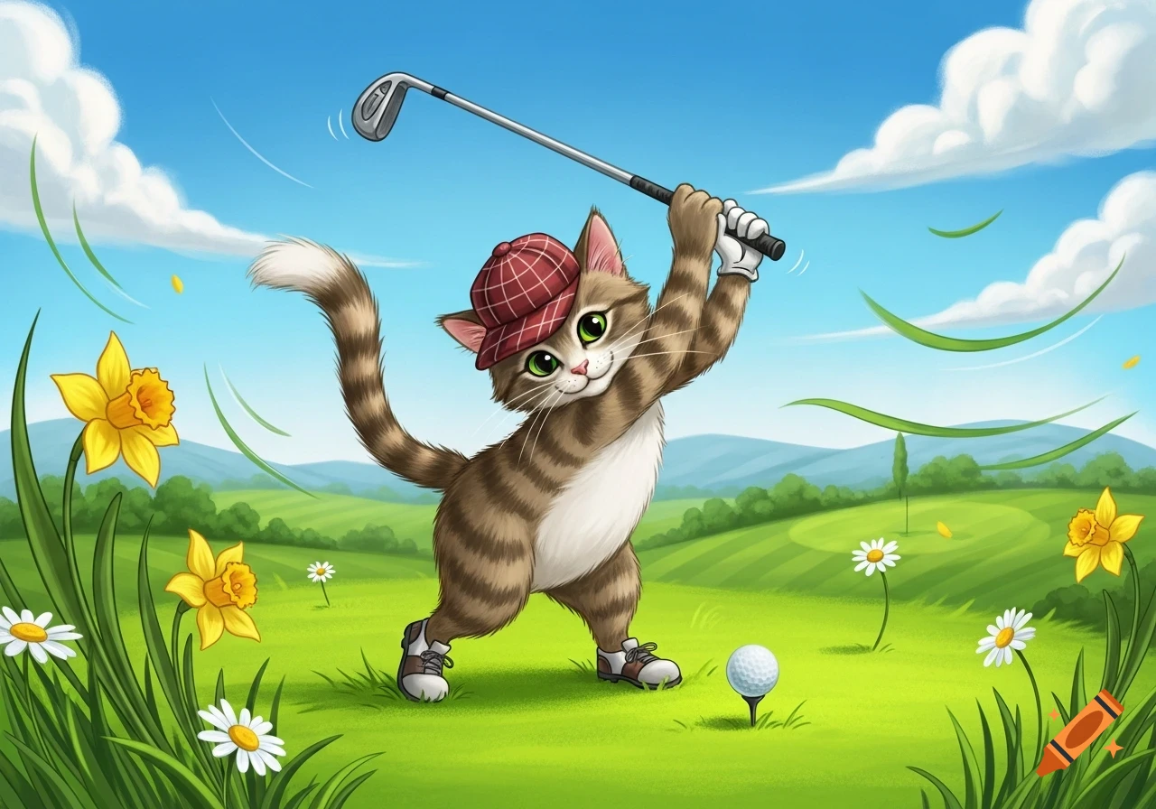 A cheerful cartoon tabby cat in a red plaid cap and golf shoes swings a golf club on a green course with flowers under a blue sky.