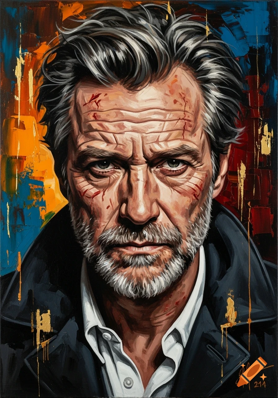 Bust oil painting portrait of an intense, grizzled man with a beard, short gray hair, and blood marks on his face, set against a vibrant abstract background.