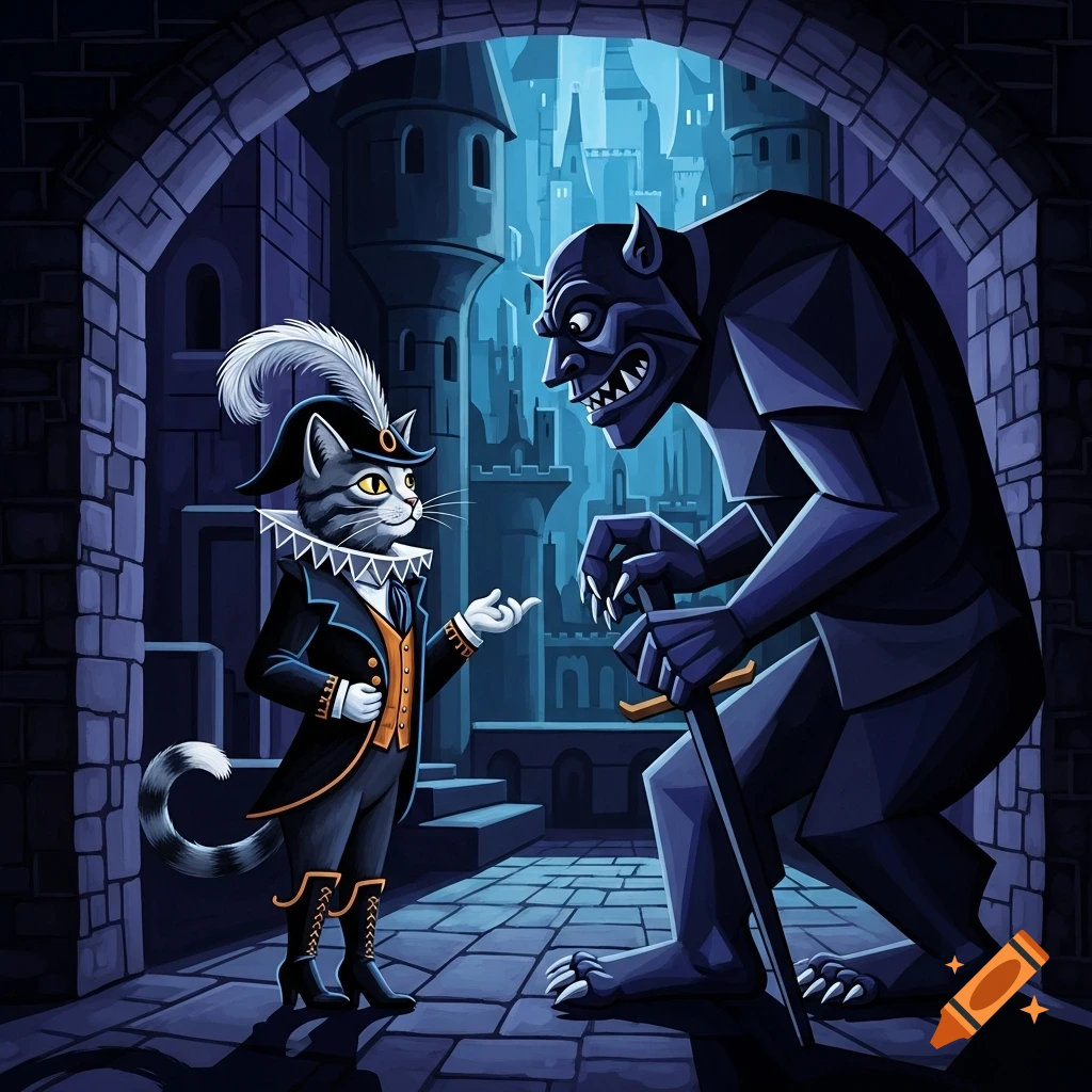 A cubist Puss in Boots cat, wearing a feathered hat, stands opposite a large, horned ogre in a dark, geometric castle courtyard.