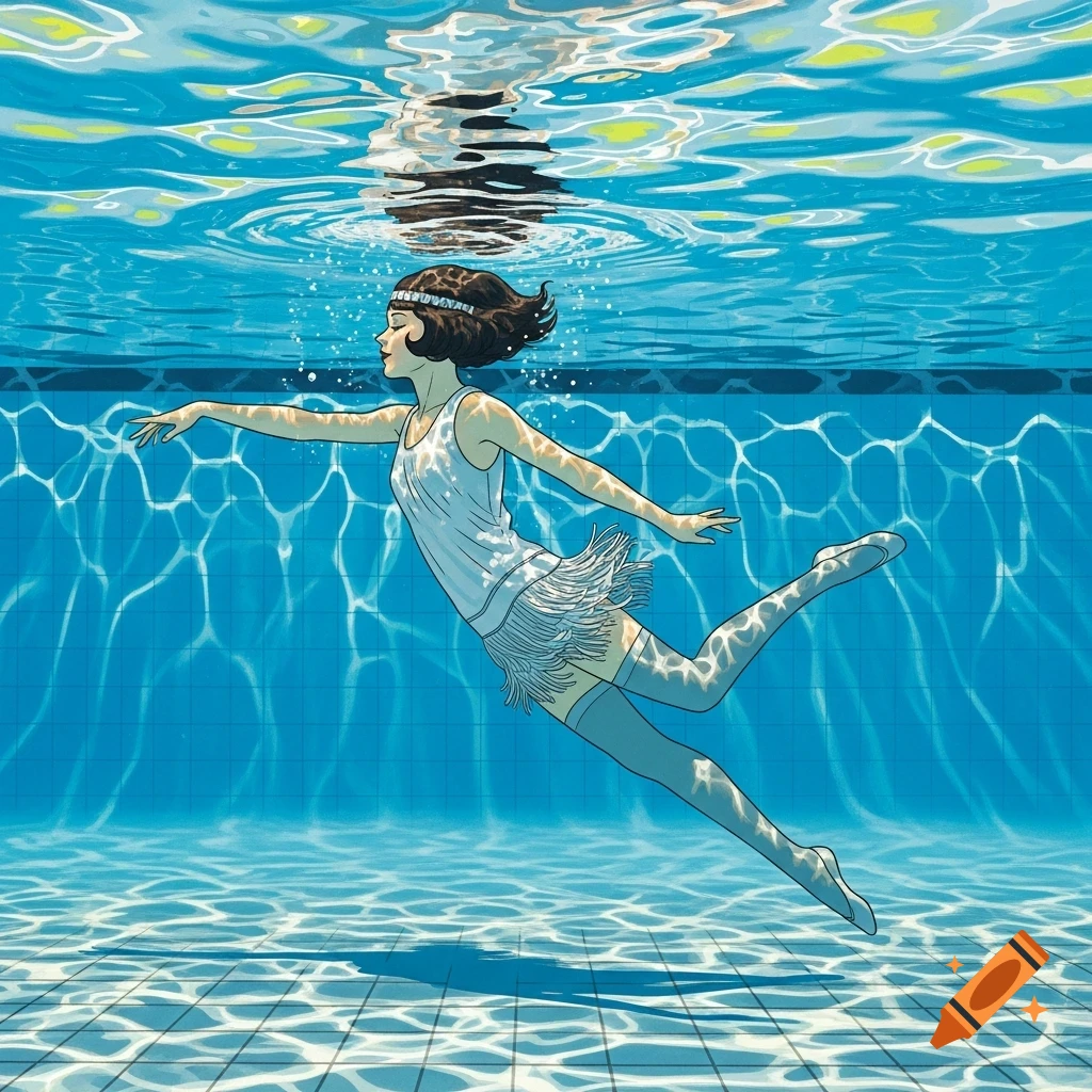 An illustrated 1920s flapper girl in a sleeveless dress and stockings gracefully swims underwater in a blue pool.