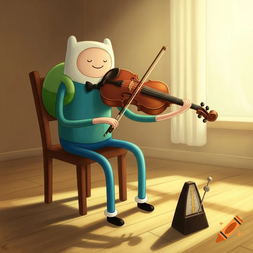Finn from Adventure Time sits on a wooden chair, eyes closed and smiling, playing a brown violin. A metronome is on the wooden floor beside him.
