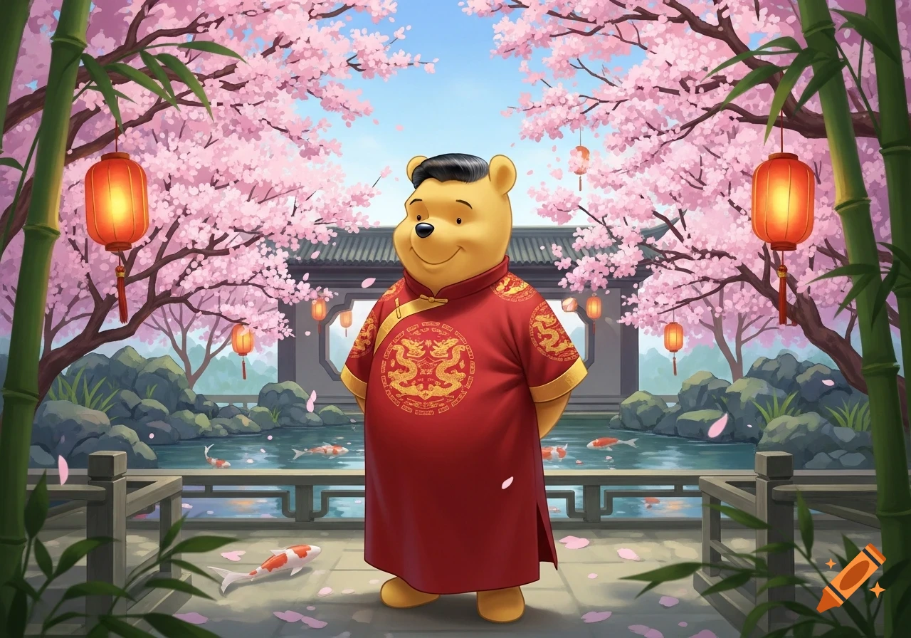 Winnie the Pooh in a red Chinese tunic with golden dragons, in a cherry blossom garden with lanterns and a koi pond.
