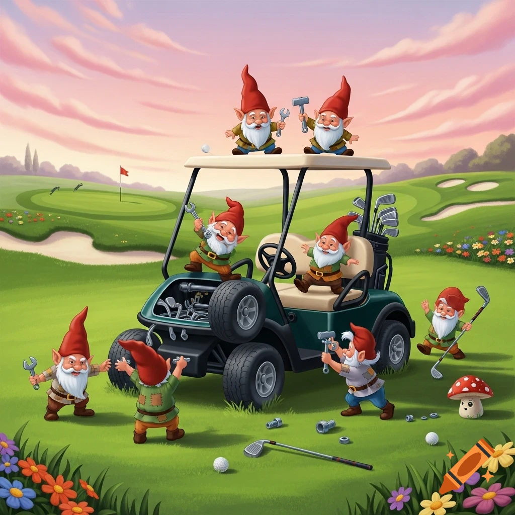 Cartoon gnomes with tools are taking apart or fixing a golf cart on a golf course under a pink sky.