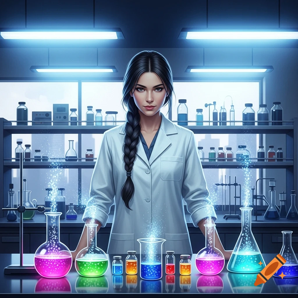 A female scientist in a white lab coat stands in a laboratory with glowing colorful beakers and chemical vials, conducting an experiment.