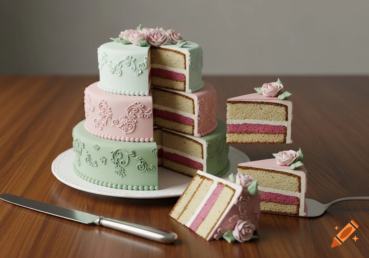 A multi-tiered pastel pink and mint green cake with floral decorations, partly cut to show vanilla and pink layers. Slices are on a wooden table with a knife.