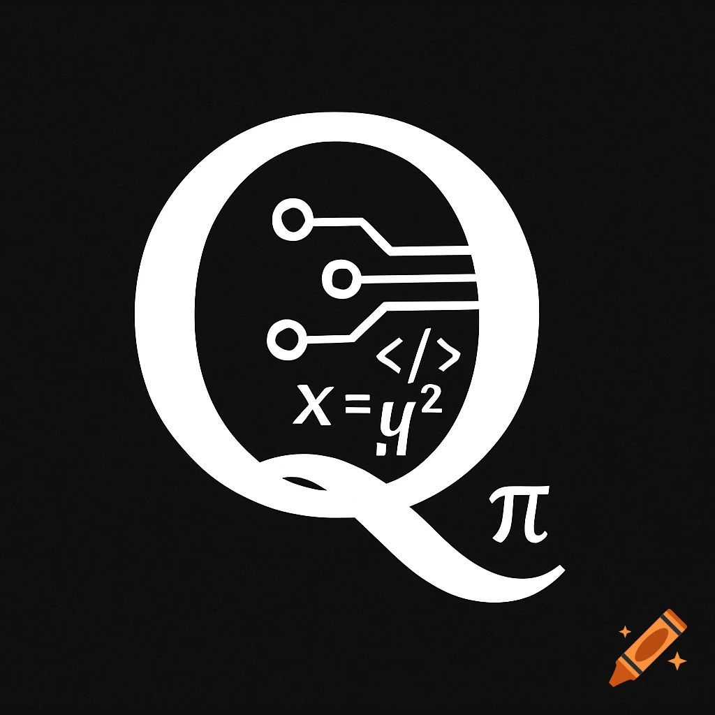 A white letter Q logo on a black background, featuring circuit lines, a code symbol, a mathematical equation, and the Pi symbol.