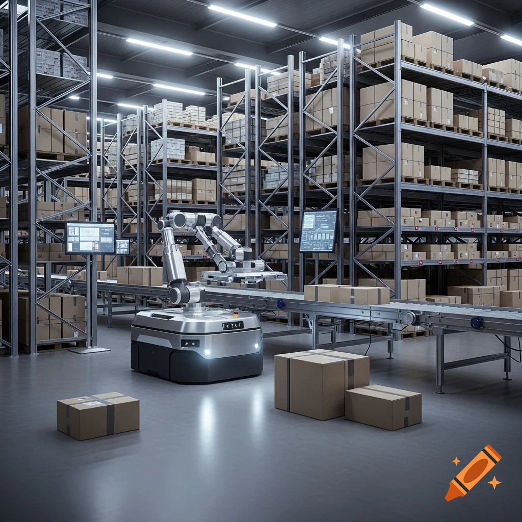 Photorealistic image of an automated warehouse with an AGV, robotic arm, and conveyor belts moving cardboard boxes.