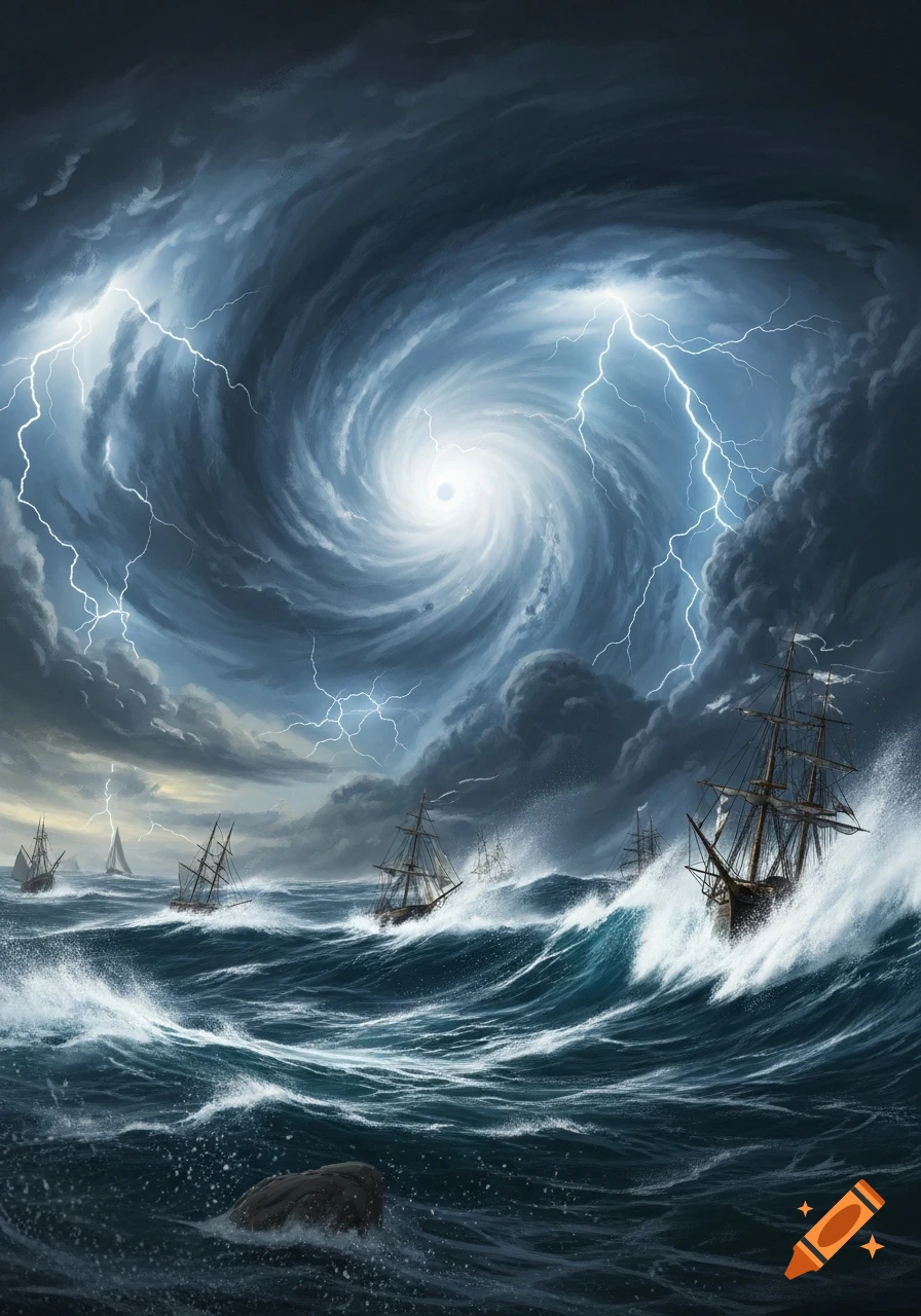 Dramatic illustration of a powerful hurricane with lightning, towering waves, and multiple sailing ships caught in the violent storm at sea.