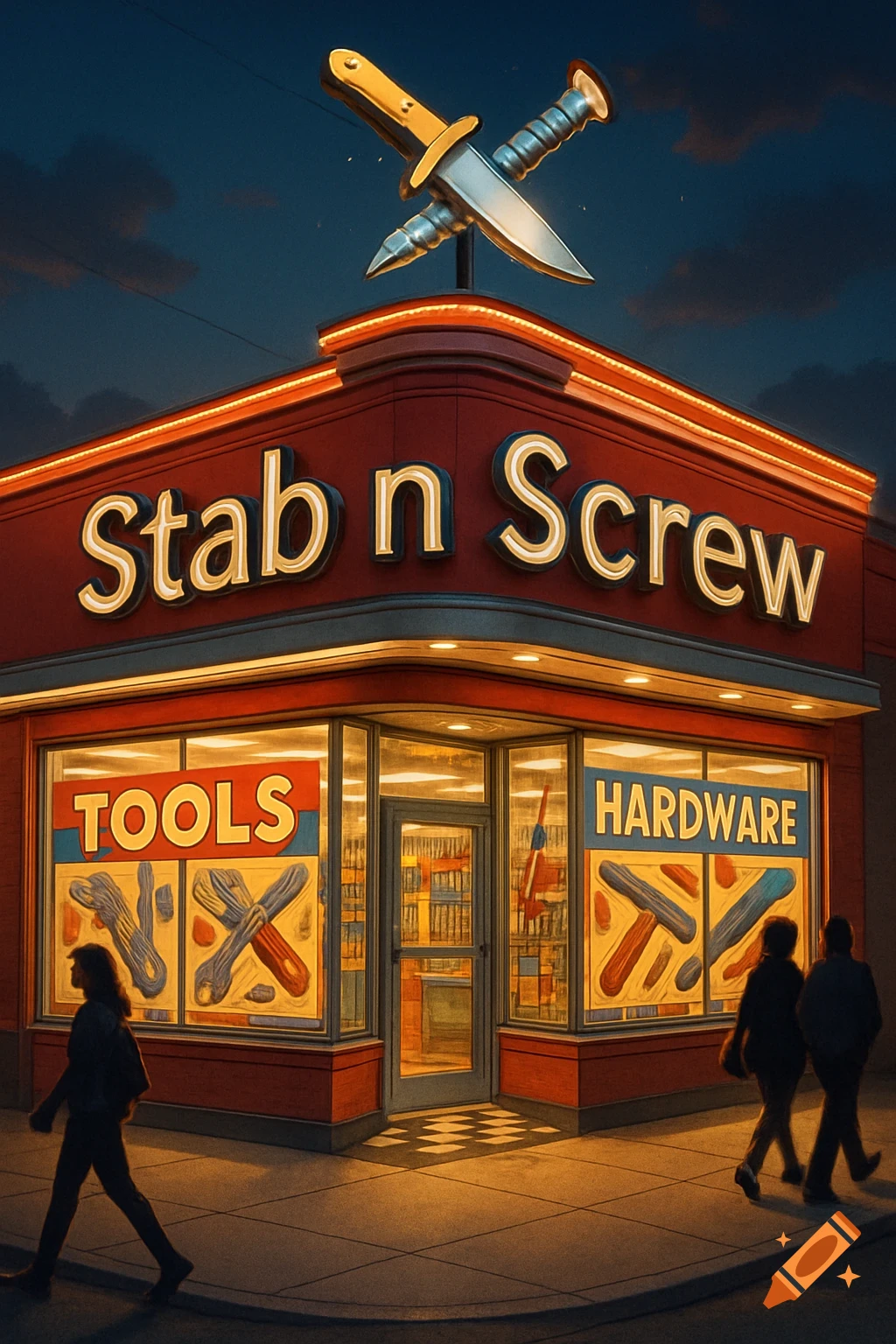 A brightly lit corner hardware store at night called 'Stab n Screw' with crossed knives on the roof, as people walk by.
