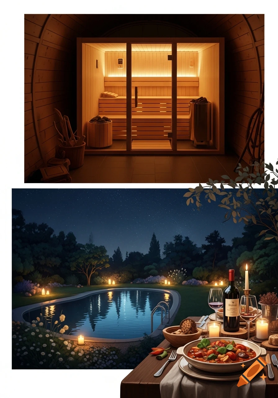 A split image showing a wooden sauna in a dark room and an outdoor night scene with a swimming pool, candles, and a table set for dinner with goulash and wine.