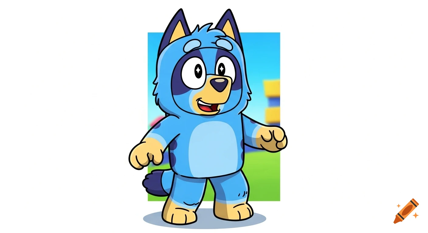 A full-body cartoon blue dog character, inspired by Bluey, with big sparkling eyes and a happy expression against a blue and green background.