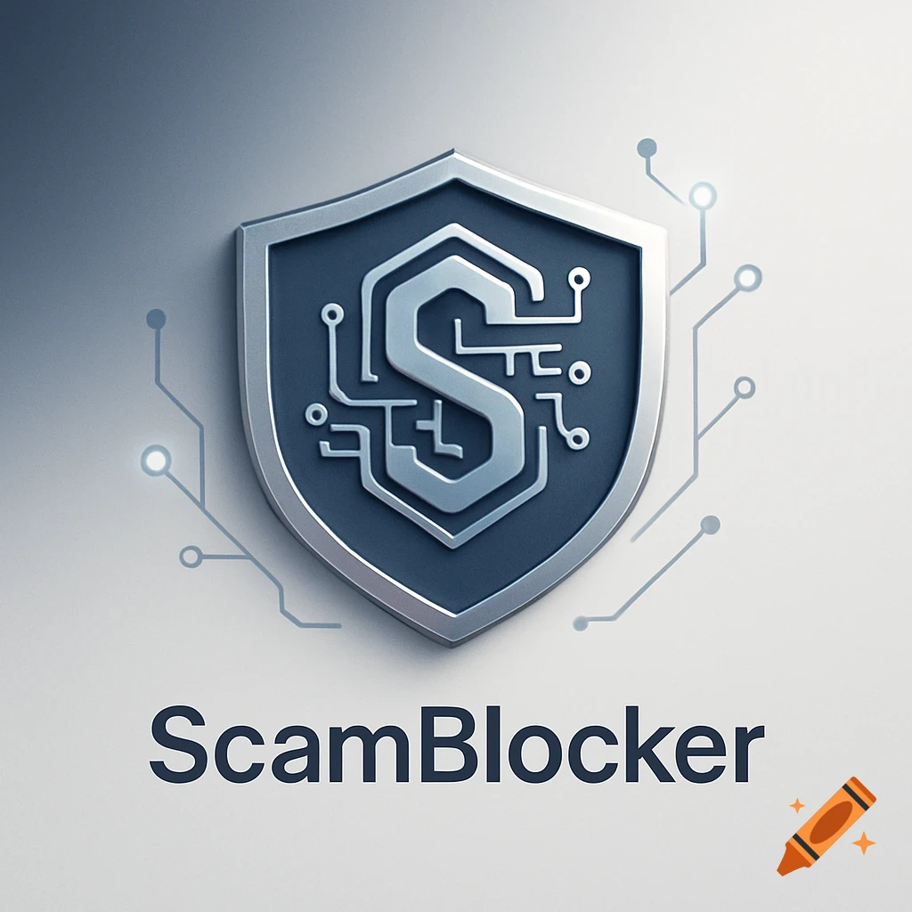 A metallic shield logo with a stylized 'S' and circuit board patterns, text 'ScamBlocker' below, on a gradient background.